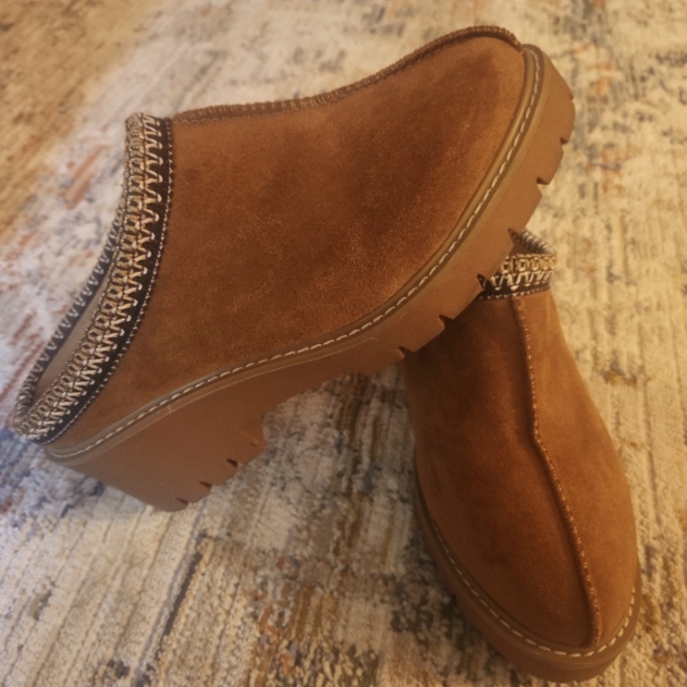 Anne Klein Tan Suede Clogs with Stitch Detail